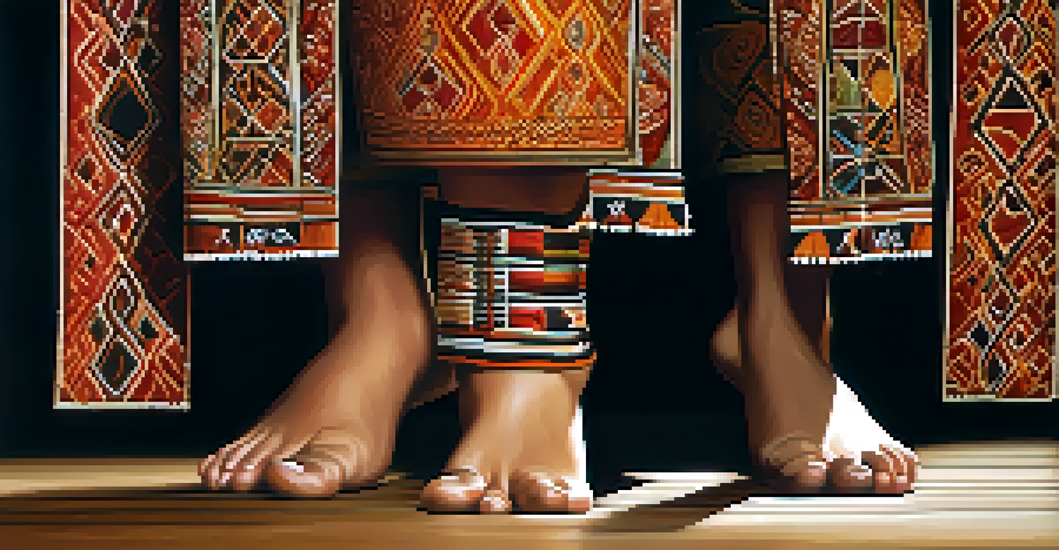 A close-up of a dancer's feet in traditional attire on a wooden stage, showcasing the intricate patterns of the costume and the rhythm of the dance.