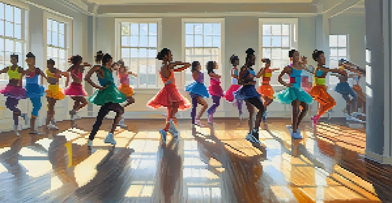 A group of diverse dancers practicing together in a bright studio with mirrors, wearing colorful dance clothes.