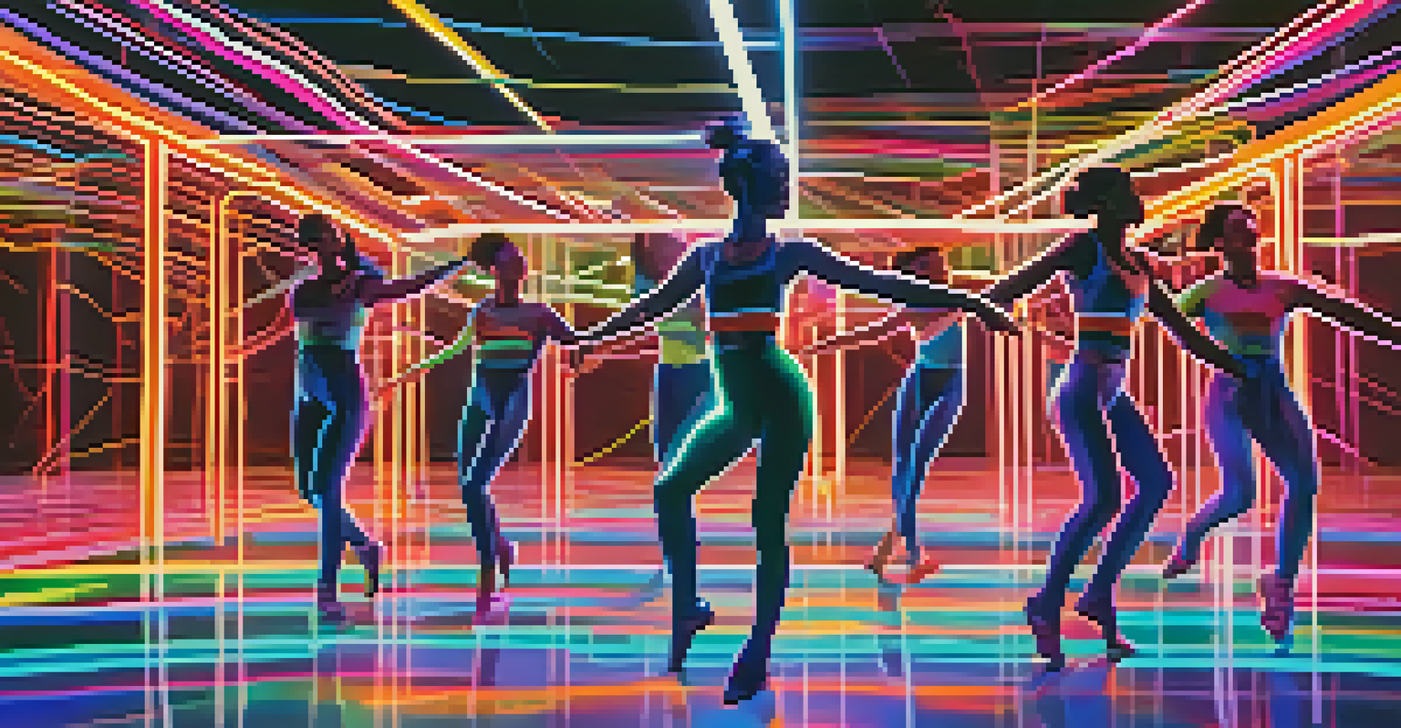 Digital art of a virtual dance performance, where dancers are connected with glowing lines amidst a vibrant digital landscape, representing community and connection.