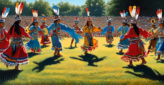 A lively powwow with indigenous dancers in colorful traditional clothing, performing in a circle surrounded by nature and an audience.