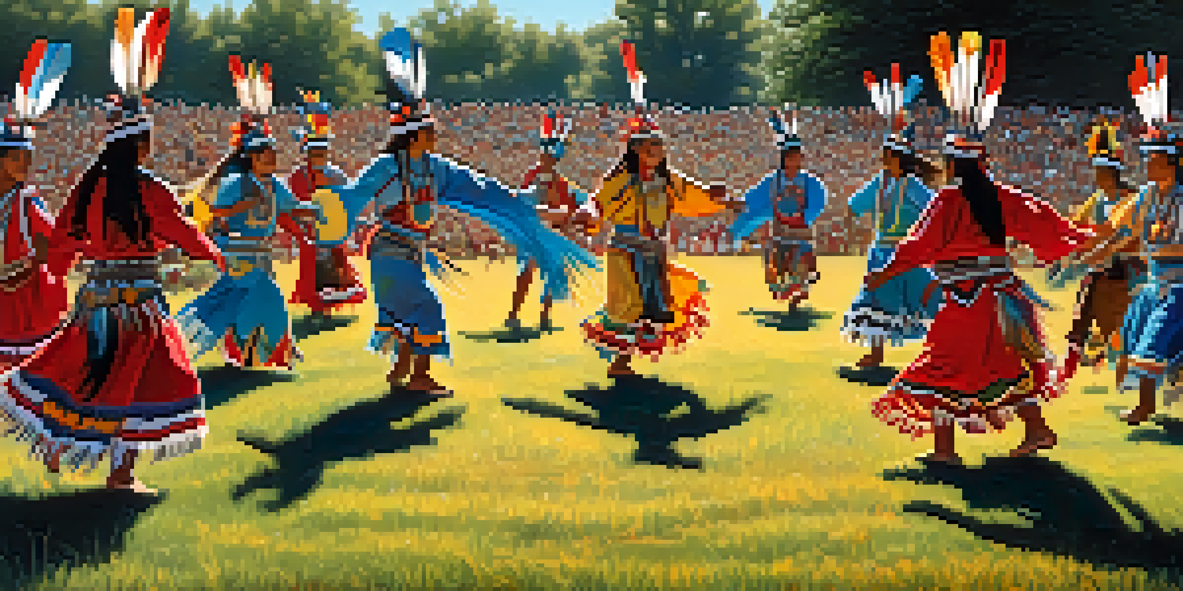 A lively powwow with indigenous dancers in colorful traditional clothing, performing in a circle surrounded by nature and an audience.