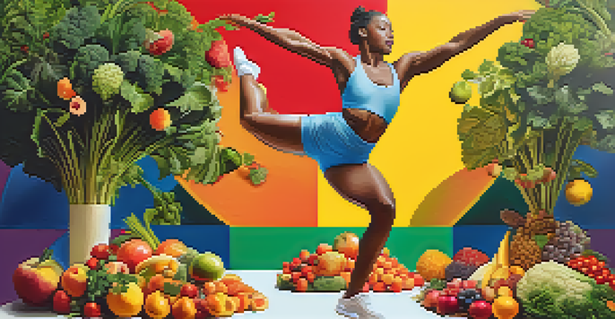 A dancer performing a leap with colorful fruits and vegetables surrounding them, symbolizing balanced nutrition.