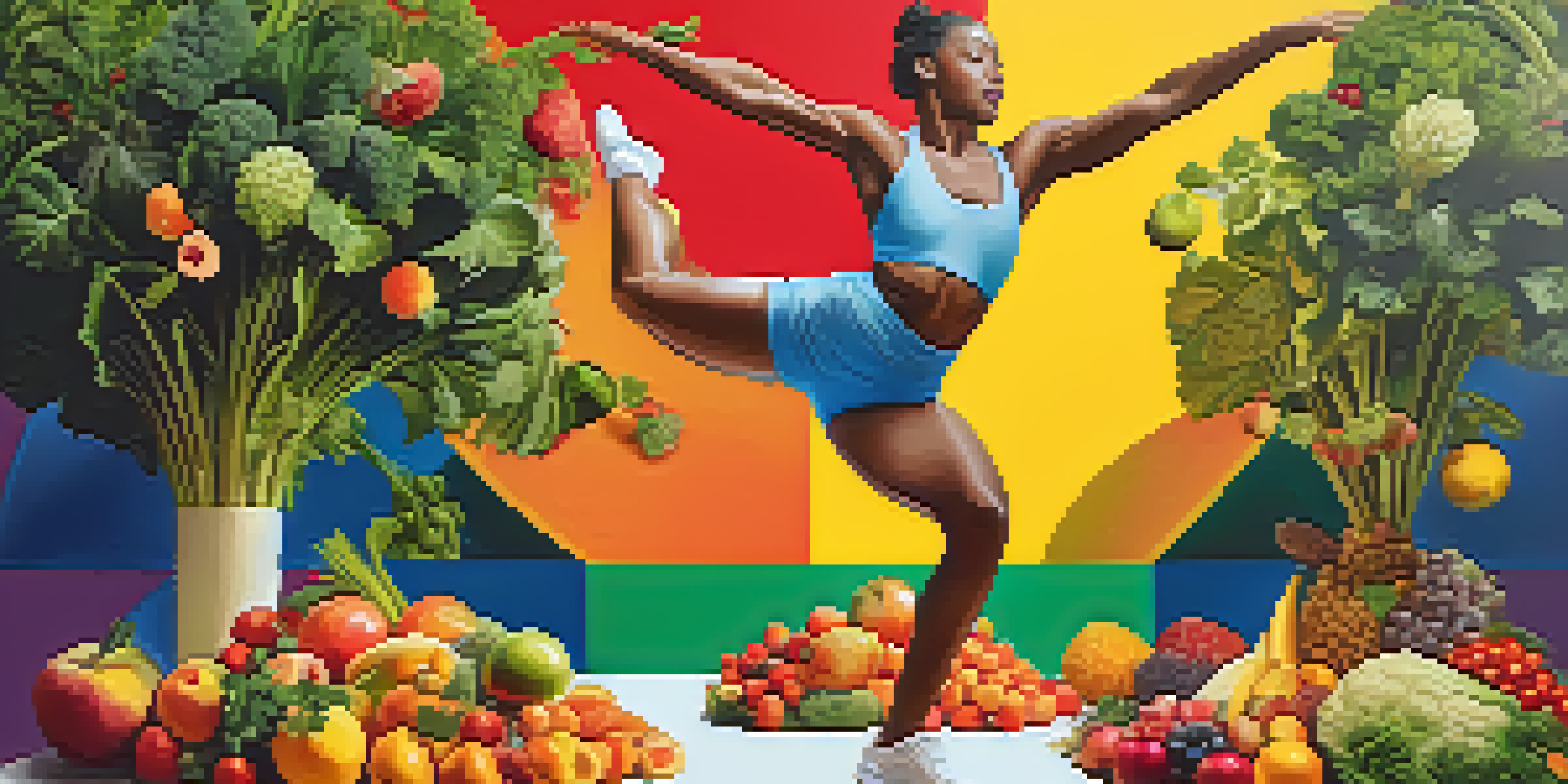 A dancer performing a leap with colorful fruits and vegetables surrounding them, symbolizing balanced nutrition.