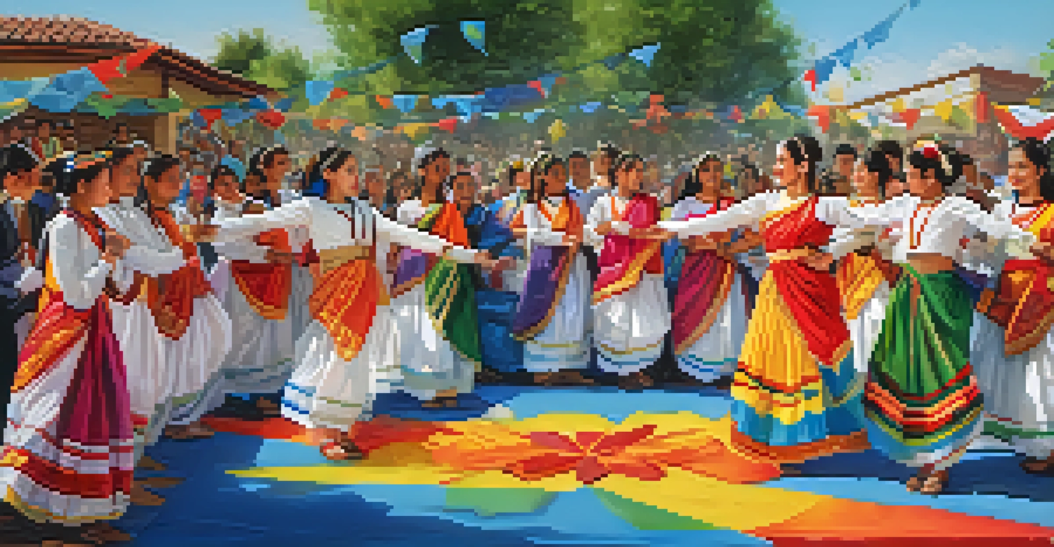 An outdoor school event with students performing a dance in traditional outfits, surrounded by an audience under a blue sky.