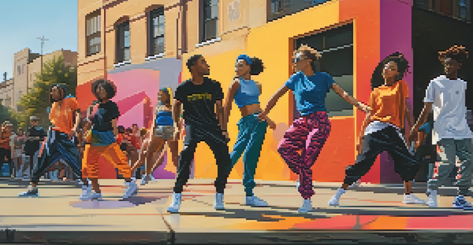 A group of dancers wearing colorful streetwear performing against a graffiti backdrop in a sunny urban setting.