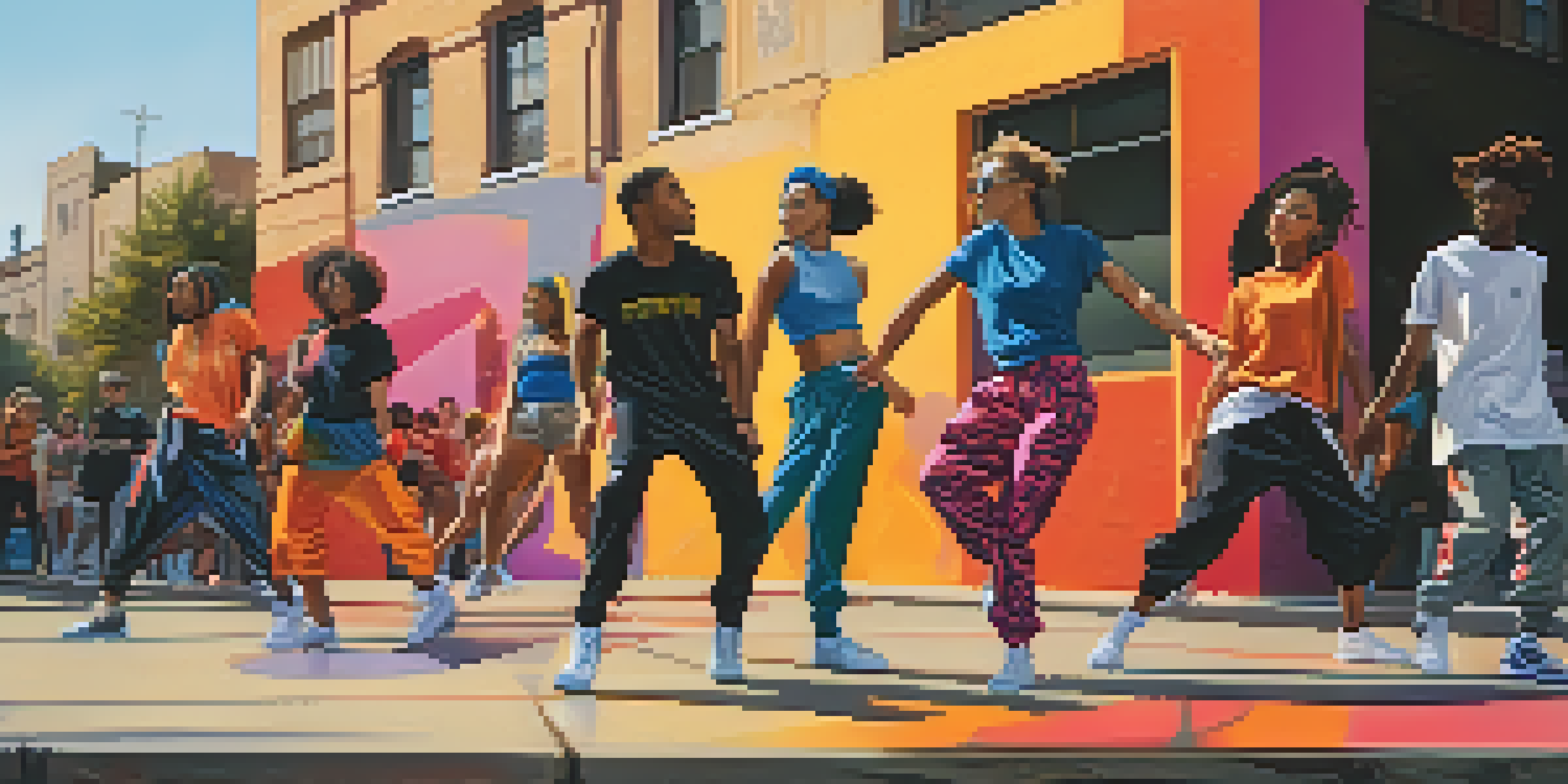 A group of dancers wearing colorful streetwear performing against a graffiti backdrop in a sunny urban setting.