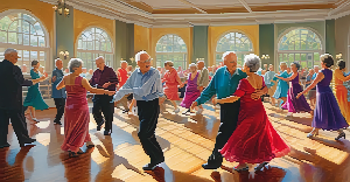 A group of seniors in colorful clothing enjoying a ballroom dance class, with sunlight illuminating the dance floor.