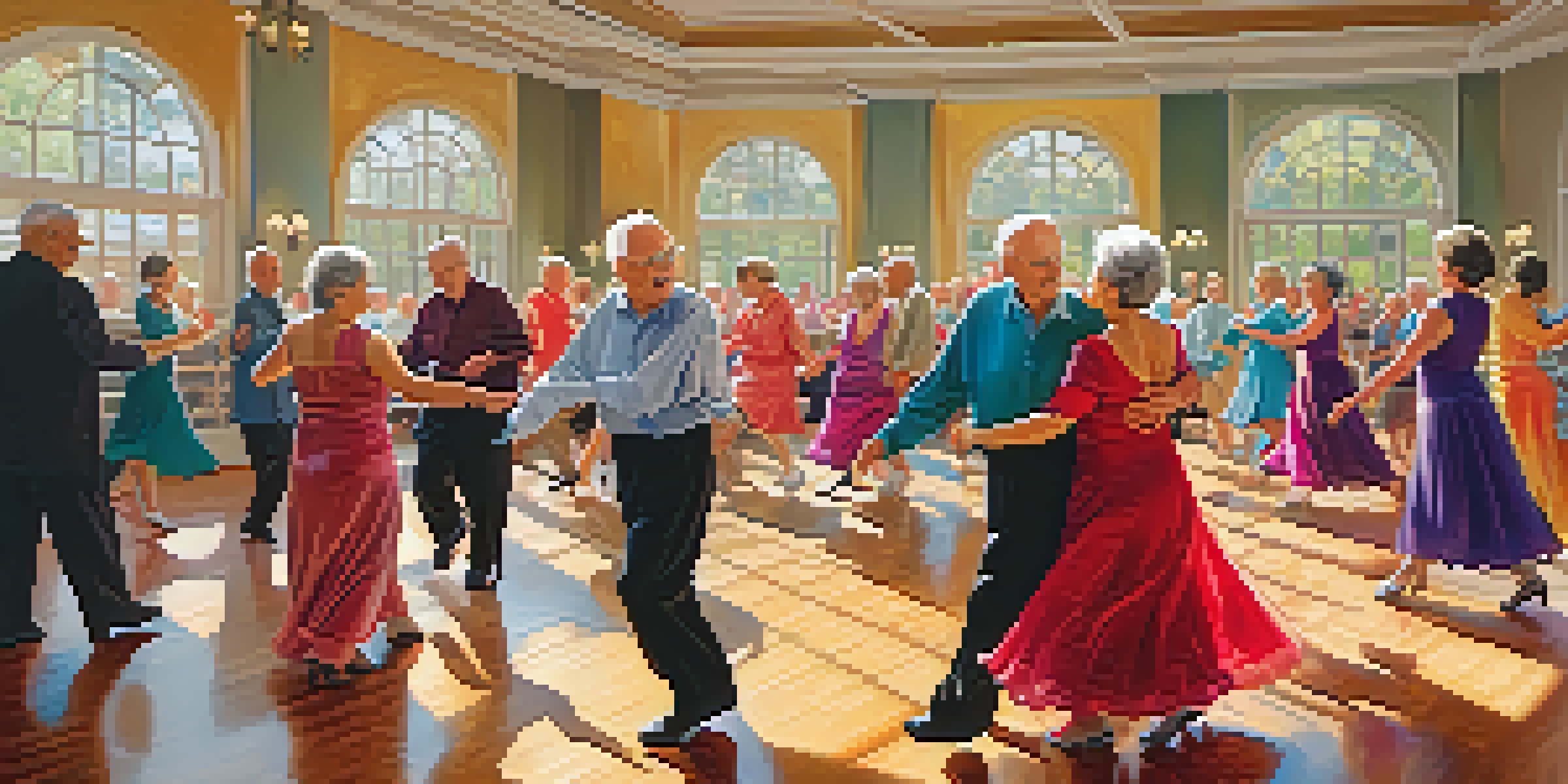 A group of seniors in colorful clothing enjoying a ballroom dance class, with sunlight illuminating the dance floor.