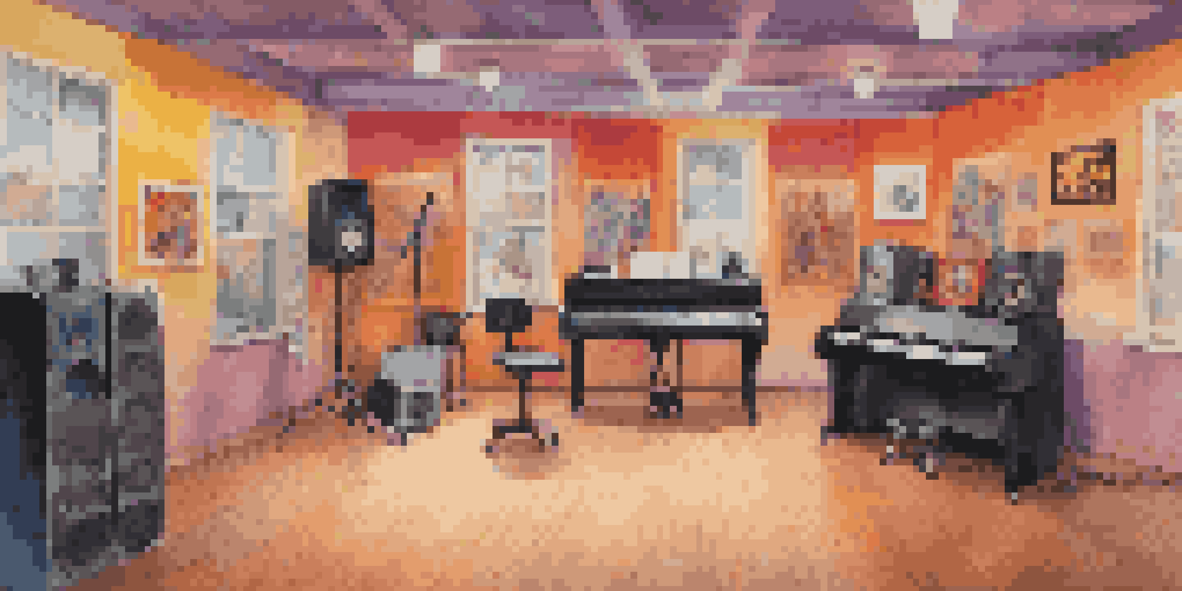 A podcast studio with dance-themed decorations, including a microphone and colorful dance style posters, softly lit to create a cozy environment.