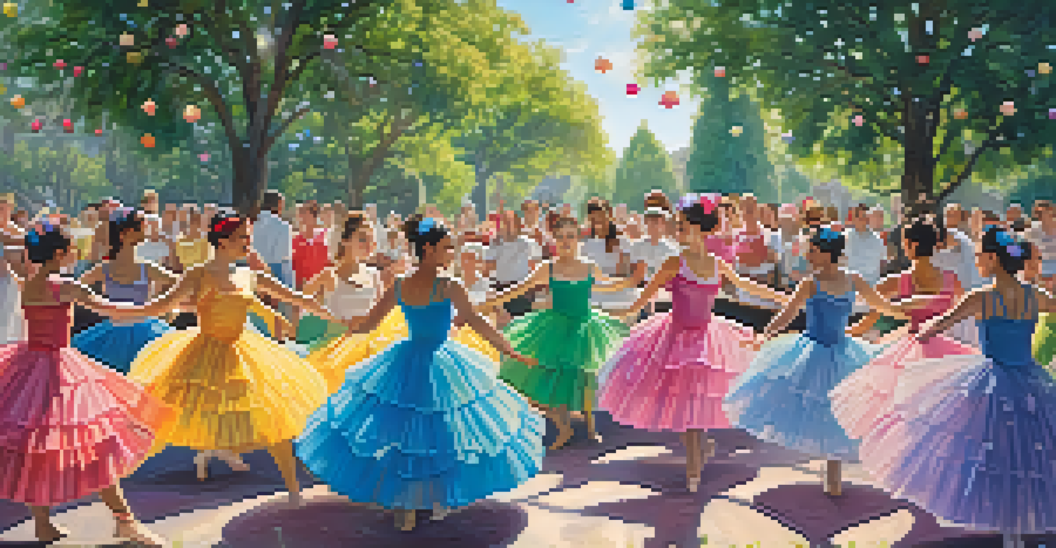 An outdoor ballet performance in a park, with dancers in colorful costumes celebrating gender diversity and an engaged audience.