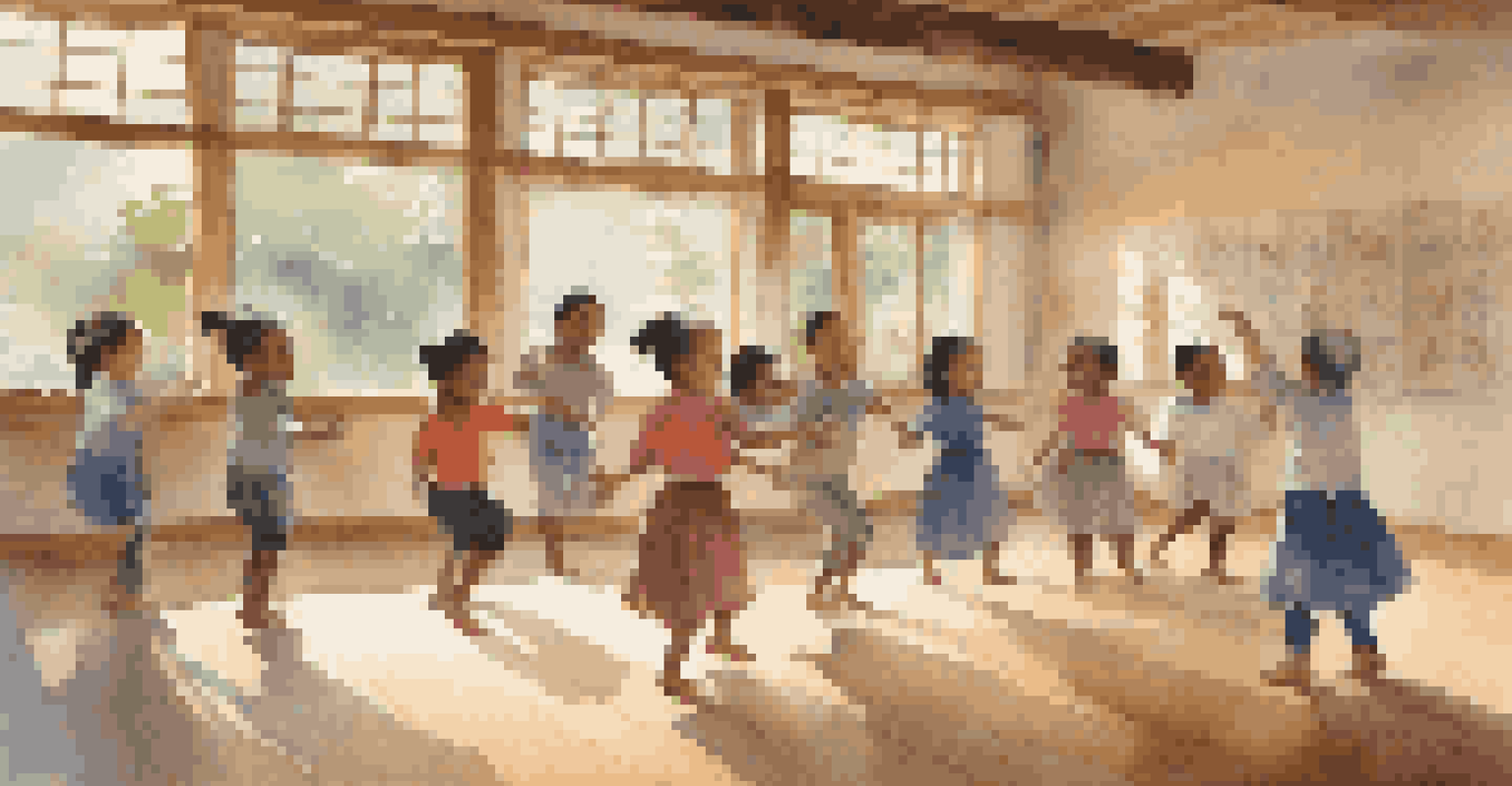 Children in a classroom learning traditional dance movements from an elder instructor, surrounded by cultural artwork and natural light.