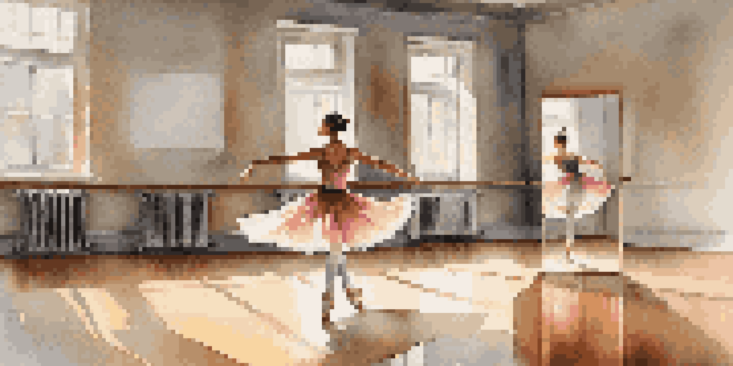 A dancer in a brightly lit studio practicing their routine with large mirrors surrounding them.