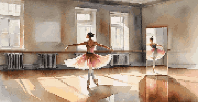 A dancer in a brightly lit studio practicing their routine with large mirrors surrounding them.