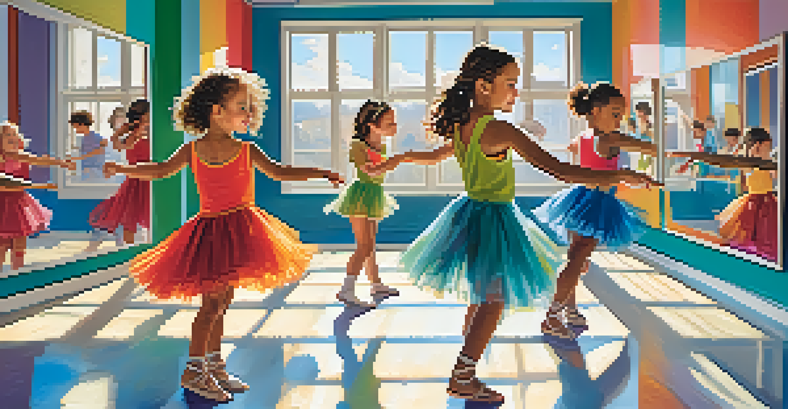 Children participating in a dance class, showcasing their movements in a bright studio with mirrors.