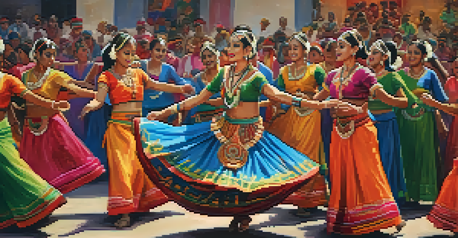 A cultural dance performance with dancers in traditional attire, captivating an audience at a vibrant festival.