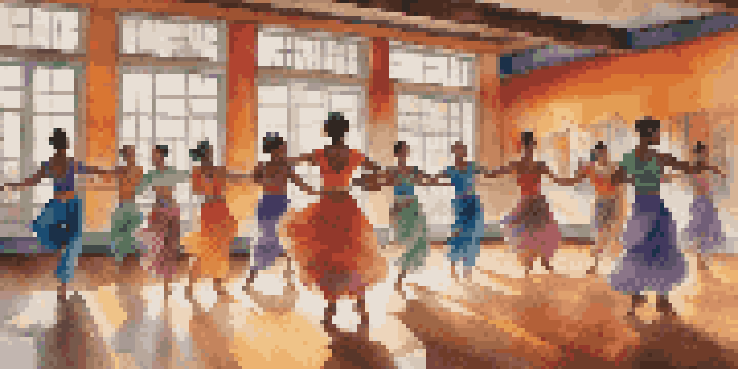 A lively dance studio with dancers of different backgrounds performing cultural dance styles, surrounded by colorful murals and illuminated by soft natural light.