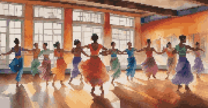 A lively dance studio with dancers of different backgrounds performing cultural dance styles, surrounded by colorful murals and illuminated by soft natural light.