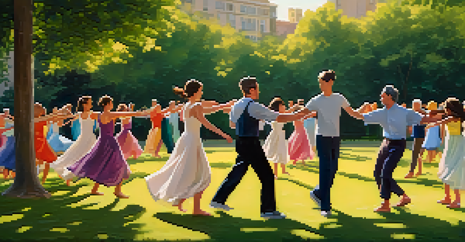 Participants of all ages dancing in a park during sunset, surrounded by nature, expressing joy and connection.