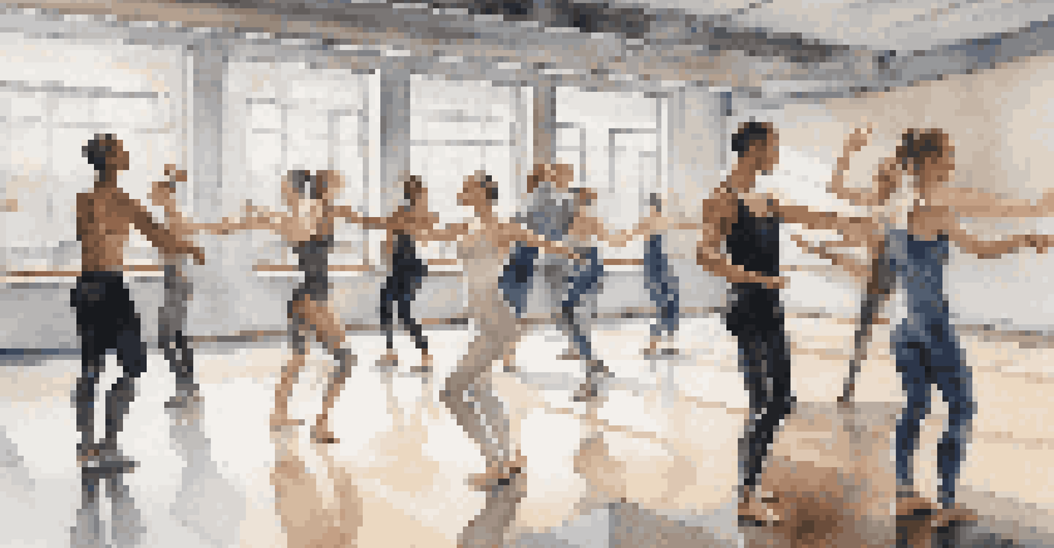 A choreographer guiding human dancers and robotic performers in a modern dance studio filled with mirrors and natural light.
