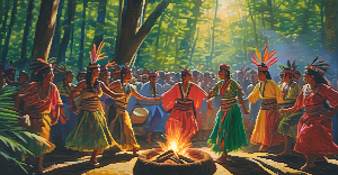 A group of individuals in traditional attire performing a shamanic dance in a forest, with a bonfire and a shaman playing a drum.