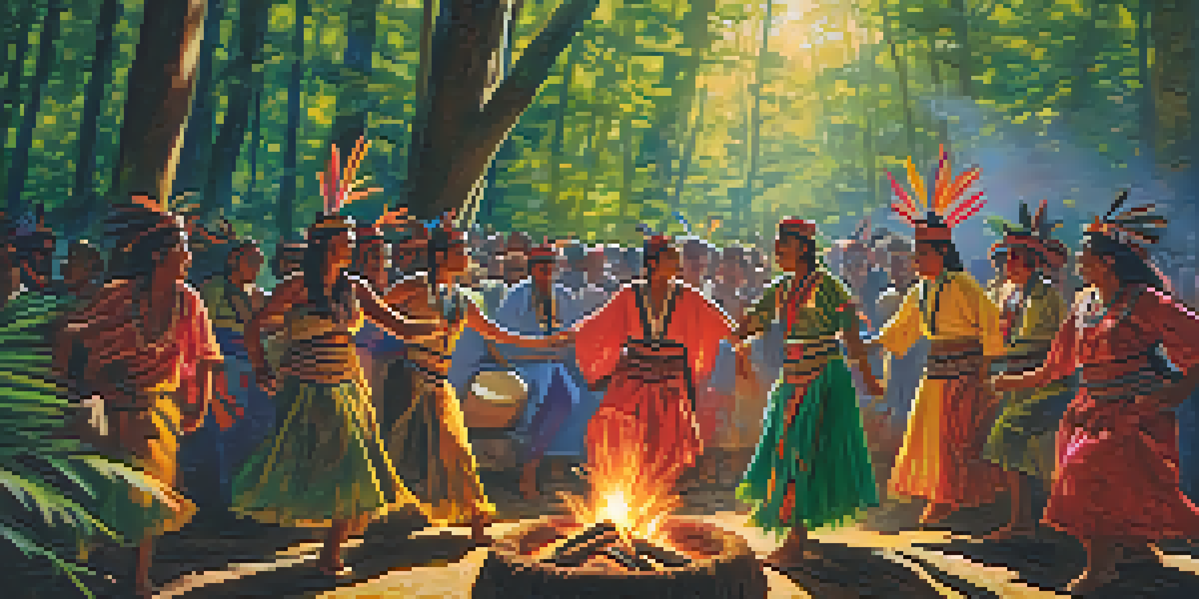 A group of individuals in traditional attire performing a shamanic dance in a forest, with a bonfire and a shaman playing a drum.