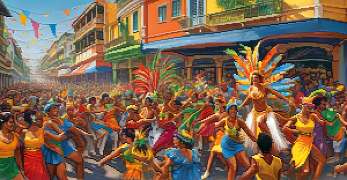 A lively carnival scene with dancers in colorful costumes performing samba amidst an excited crowd and vibrant street decorations.