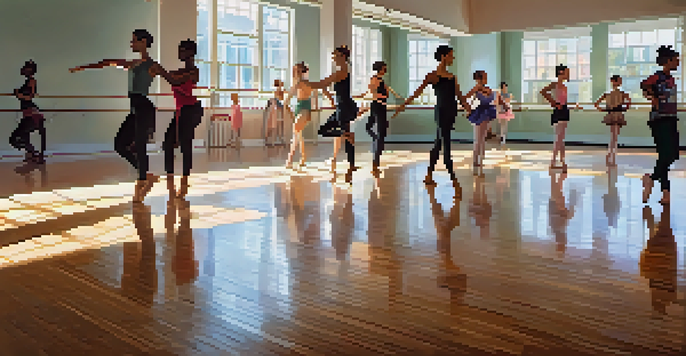 A lively dance studio with dancers of various styles practicing in front of mirrors, showcasing their colorful costumes.