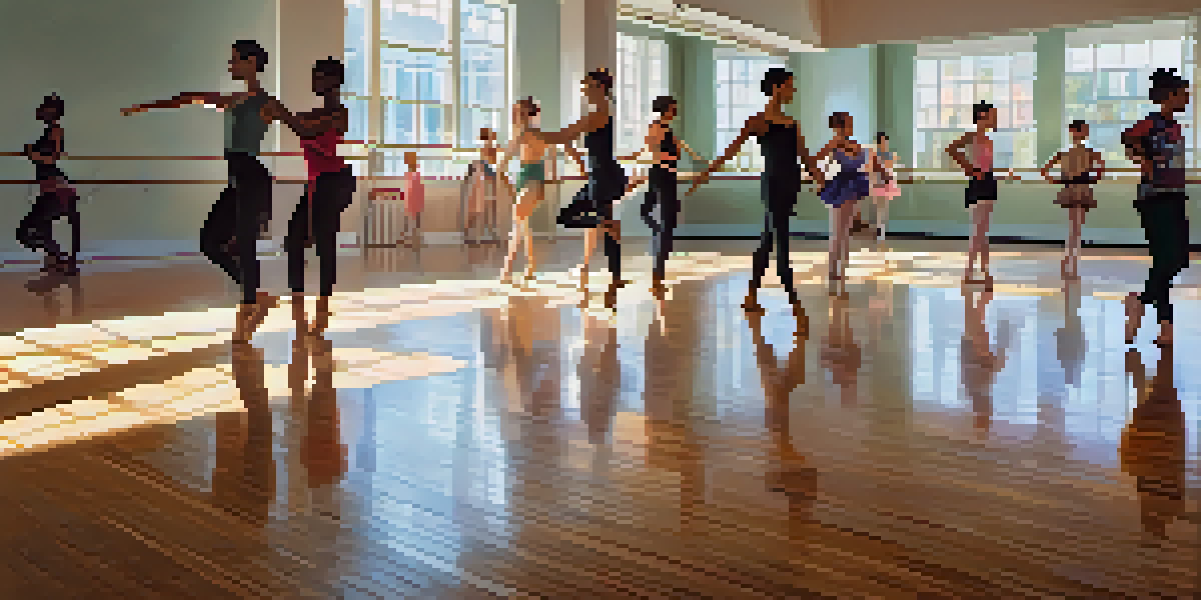 A lively dance studio with dancers of various styles practicing in front of mirrors, showcasing their colorful costumes.