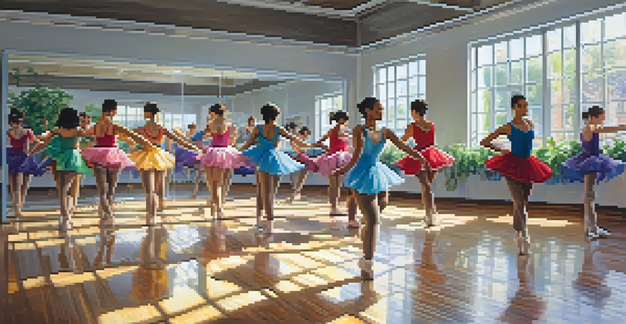 A lively dance studio with dancers in colorful attire performing, surrounded by mirrors and plants.
