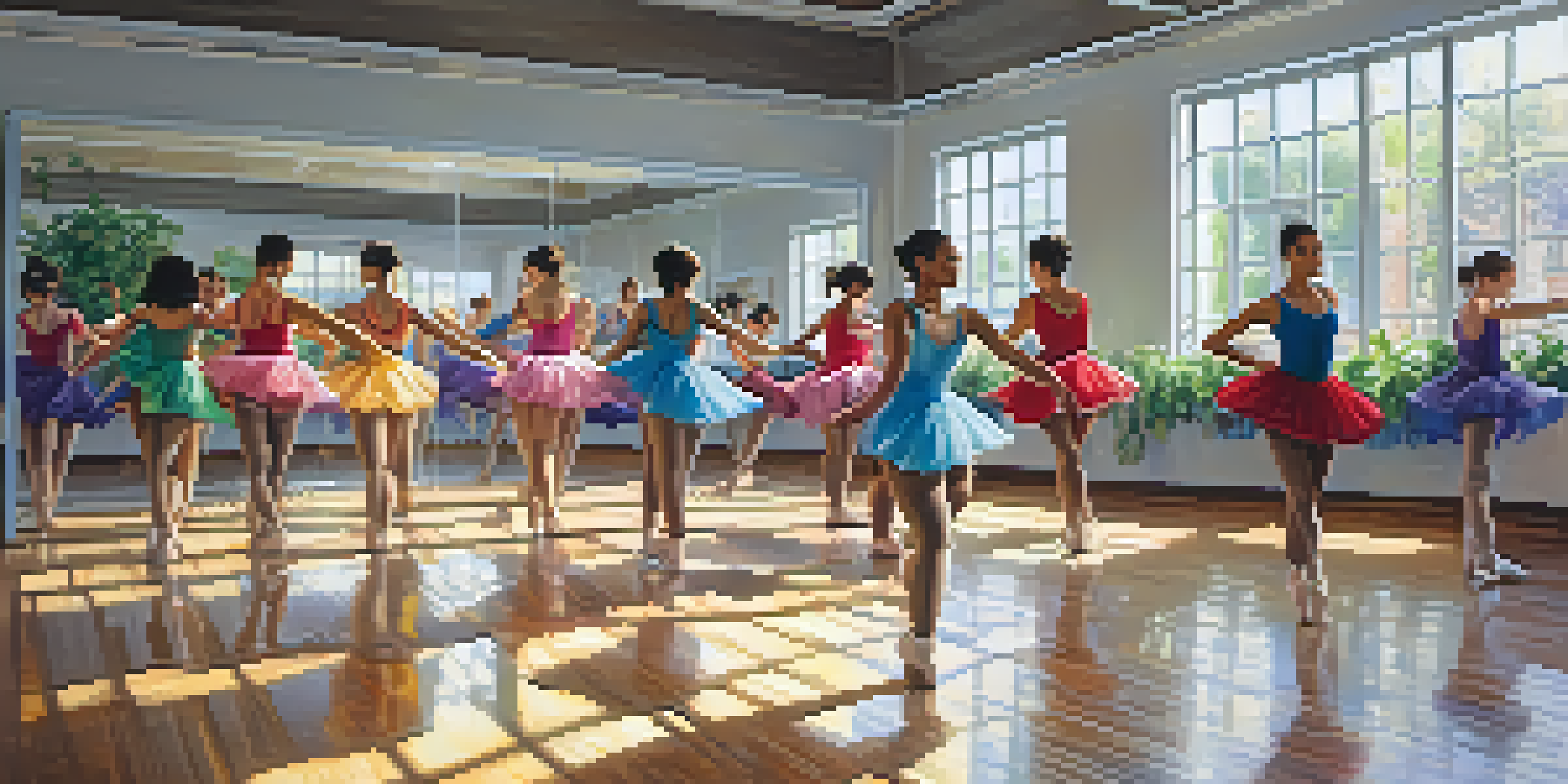 A lively dance studio with dancers in colorful attire performing, surrounded by mirrors and plants.