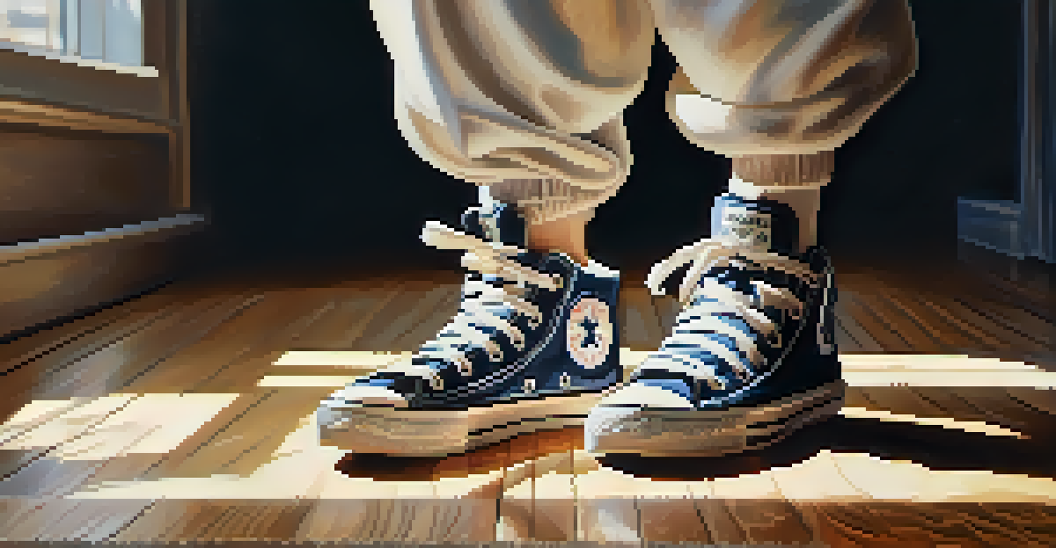 Close-up of a dancer's feet in stylish high-top sneakers on a wooden dance floor.