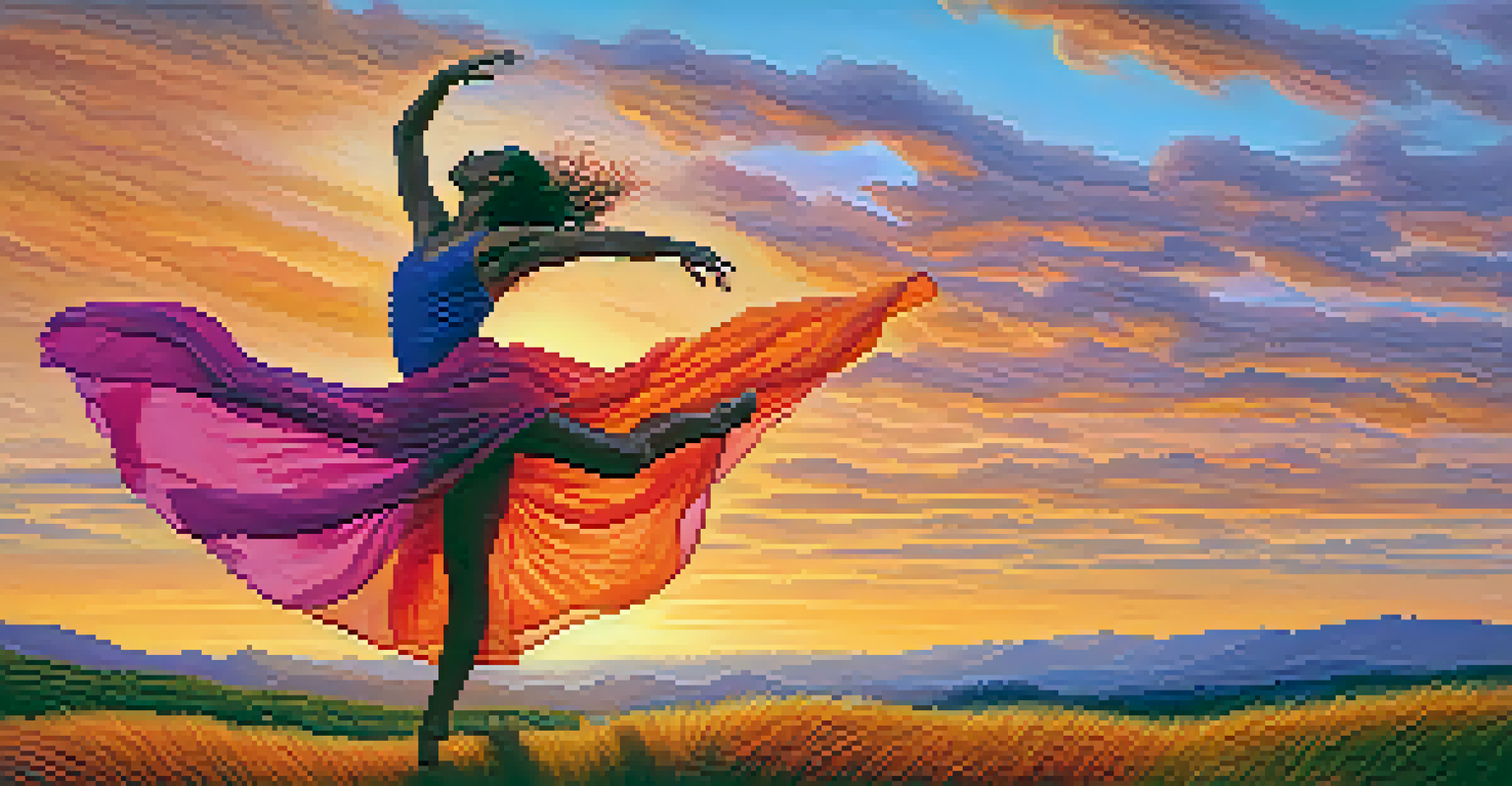 A solo contemporary dancer performing on a grassy hill at sunset, surrounded by a colorful sky.