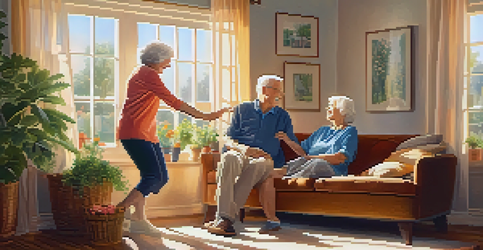 An elderly couple dancing in a bright living room, exhibiting joy and connection.