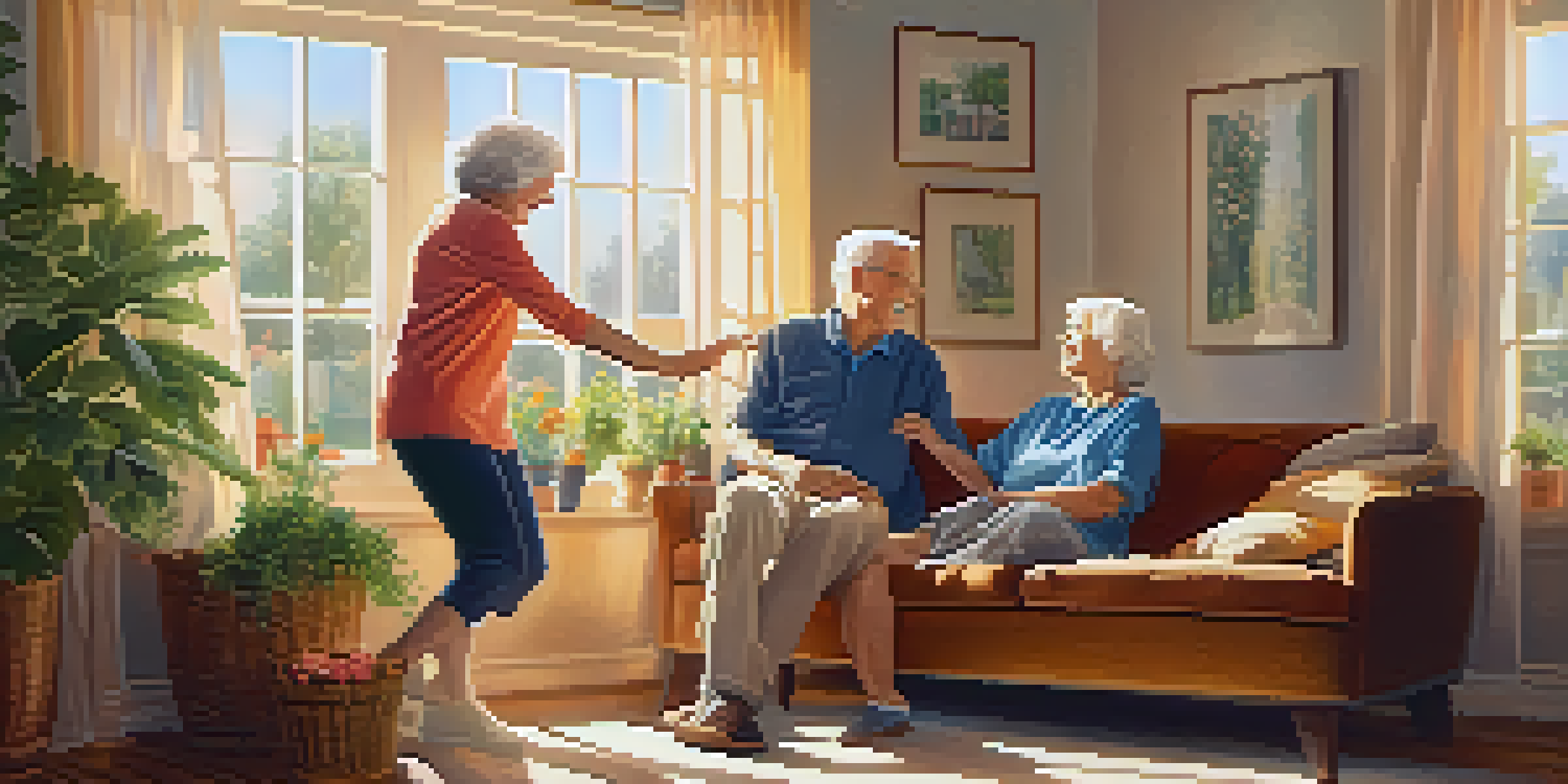 An elderly couple dancing in a bright living room, exhibiting joy and connection.