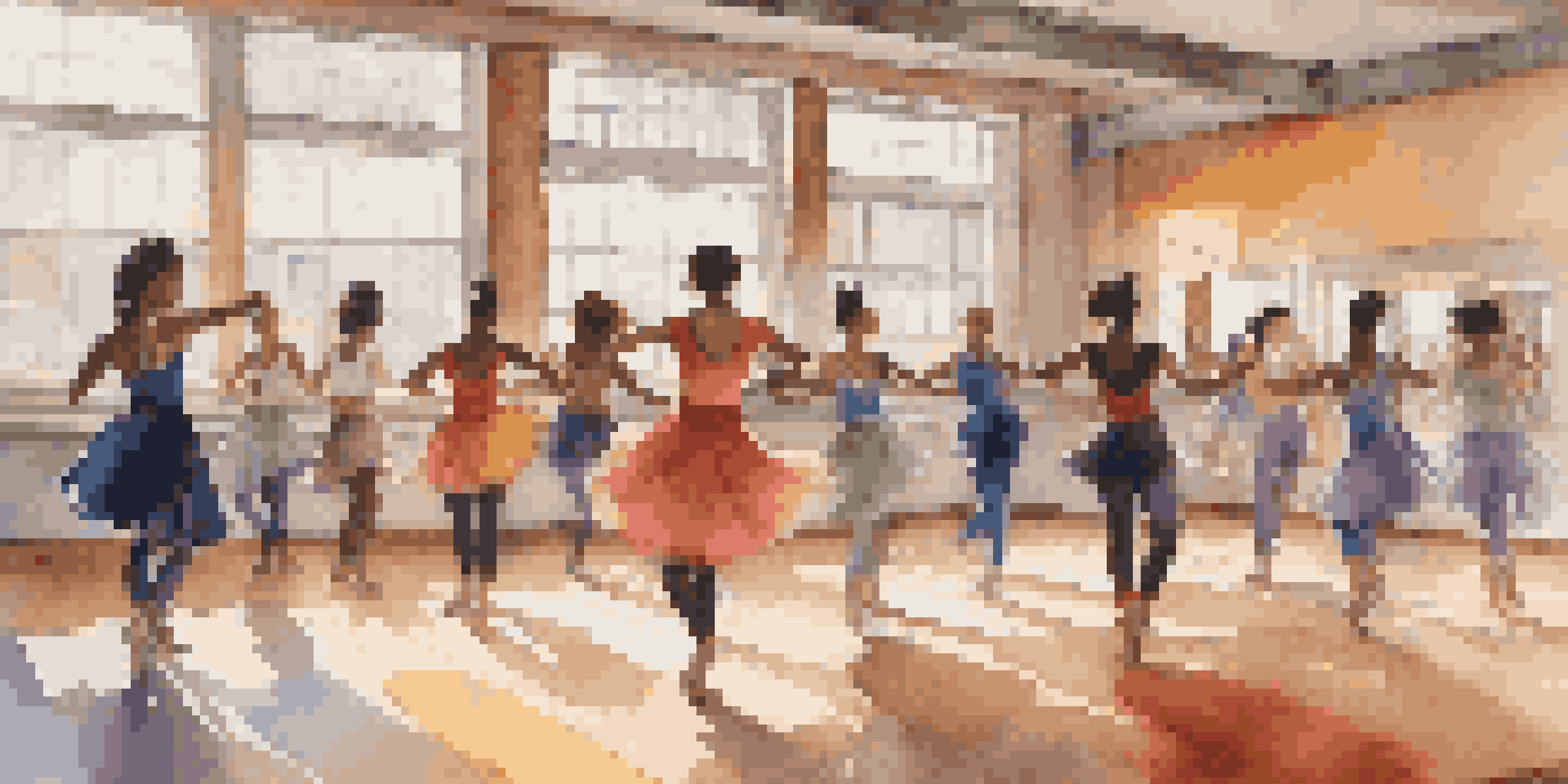 A lively dance studio with diverse dancers expressing joy through movement, illuminated by warm sunlight.