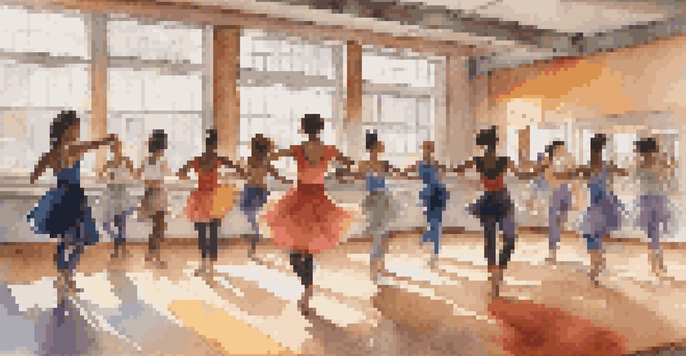 A lively dance studio with diverse dancers expressing joy through movement, illuminated by warm sunlight.