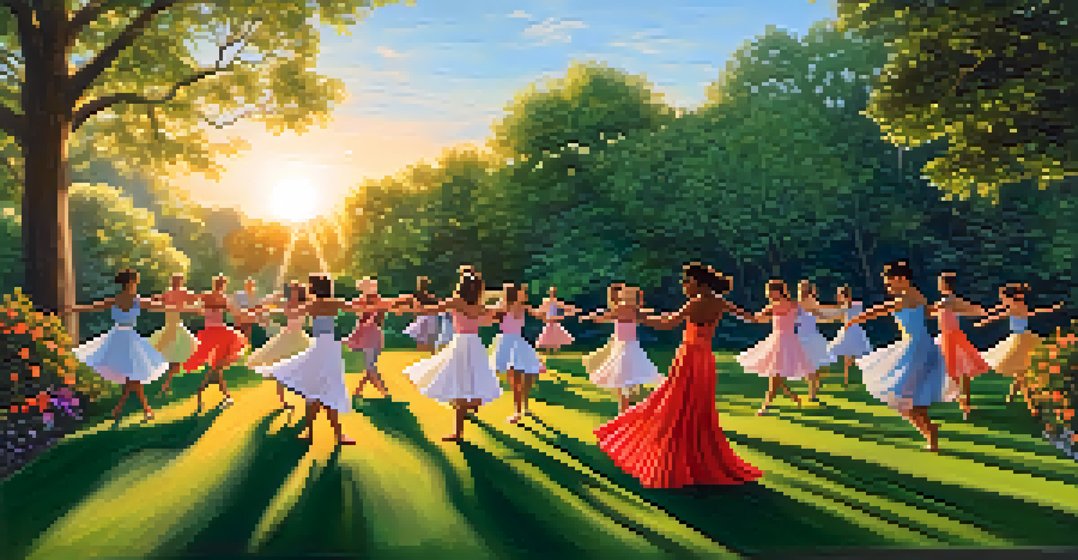 Students rehearsing choreography outdoors in a park, surrounded by nature and collaborating creatively.