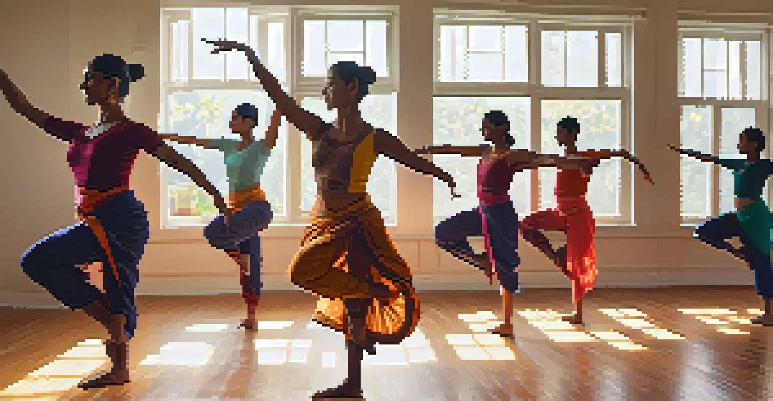 A group of individuals practicing Bharatanatyam in a sunlit studio, showcasing synchronized movements and expressions of joy.