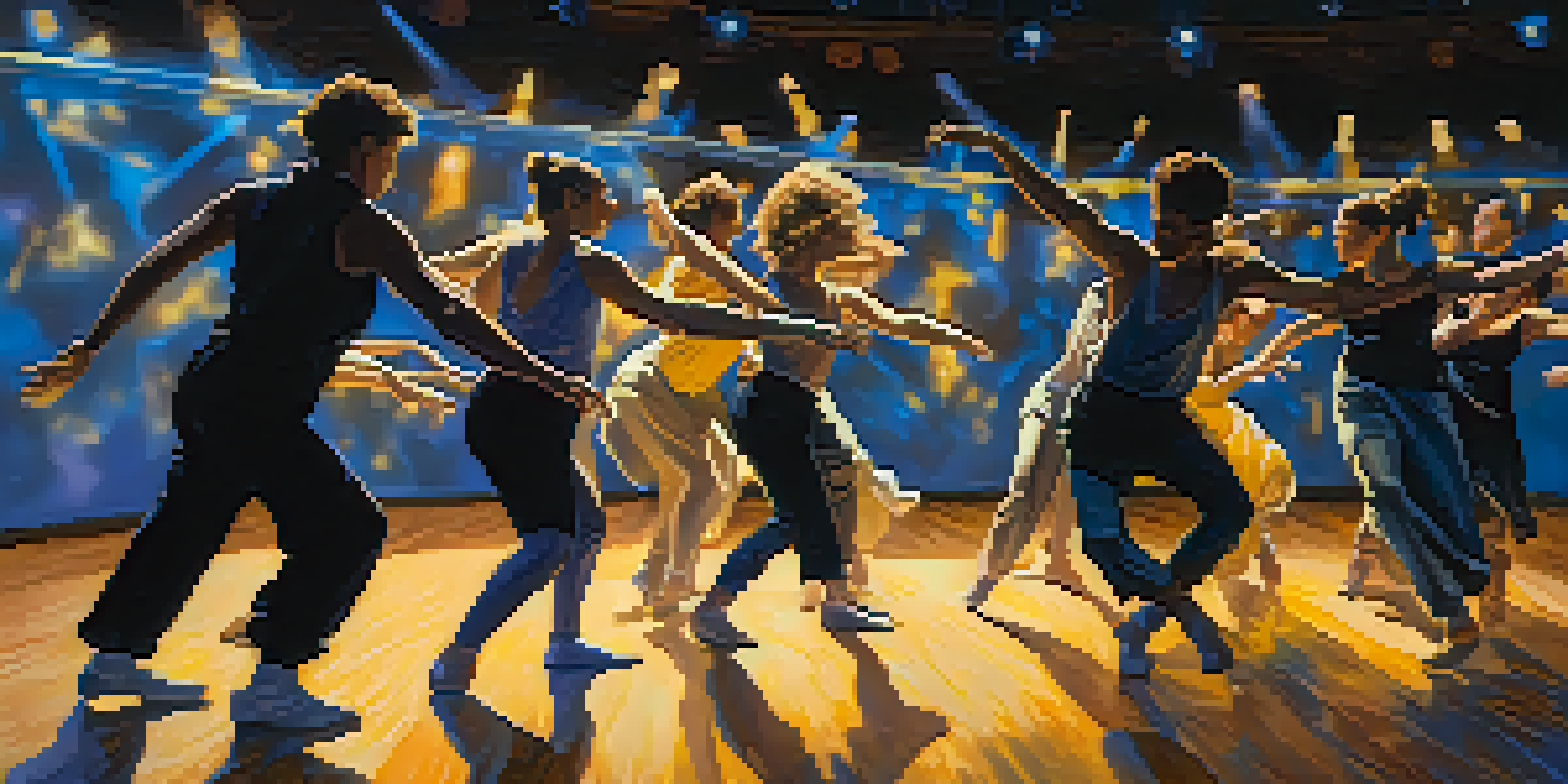 A diverse group of dancers performing on stage in a dimly lit theater, expressing fluid gender identities with colorful lighting.