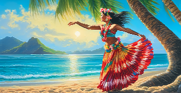 A Hawaiian Hula dancer in a floral lei and grass skirt performing on a sunny beach with palm trees and turquoise waters.