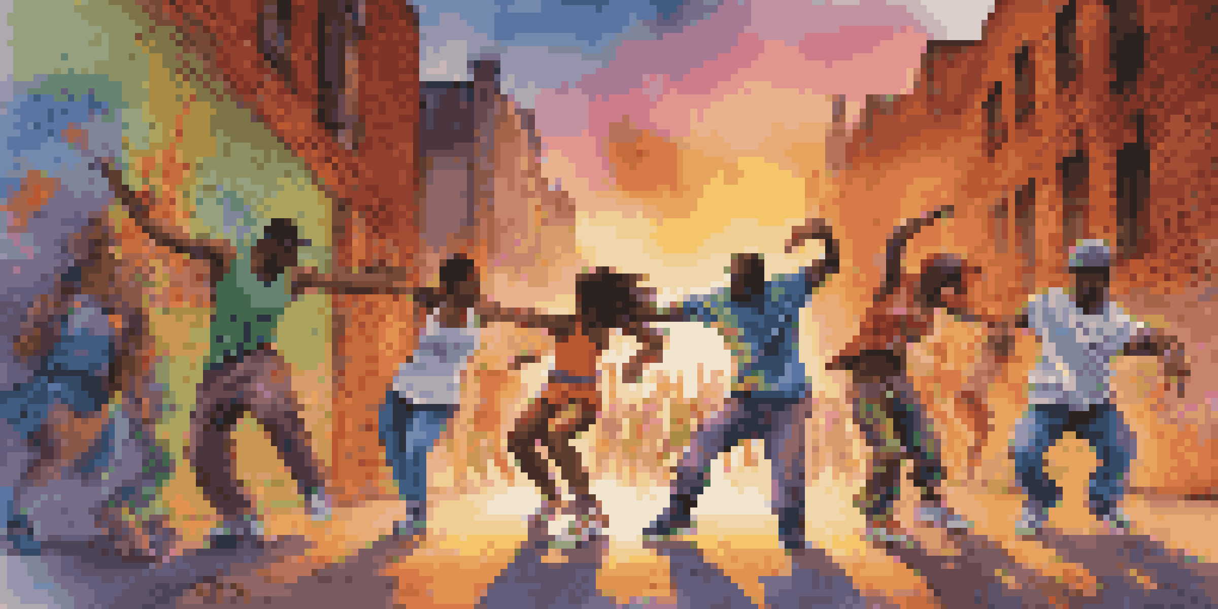 A group of diverse dancers performing hip-hop in front of colorful graffiti in an urban setting at sunset.