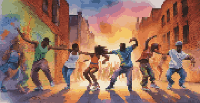 A group of diverse dancers performing hip-hop in front of colorful graffiti in an urban setting at sunset.