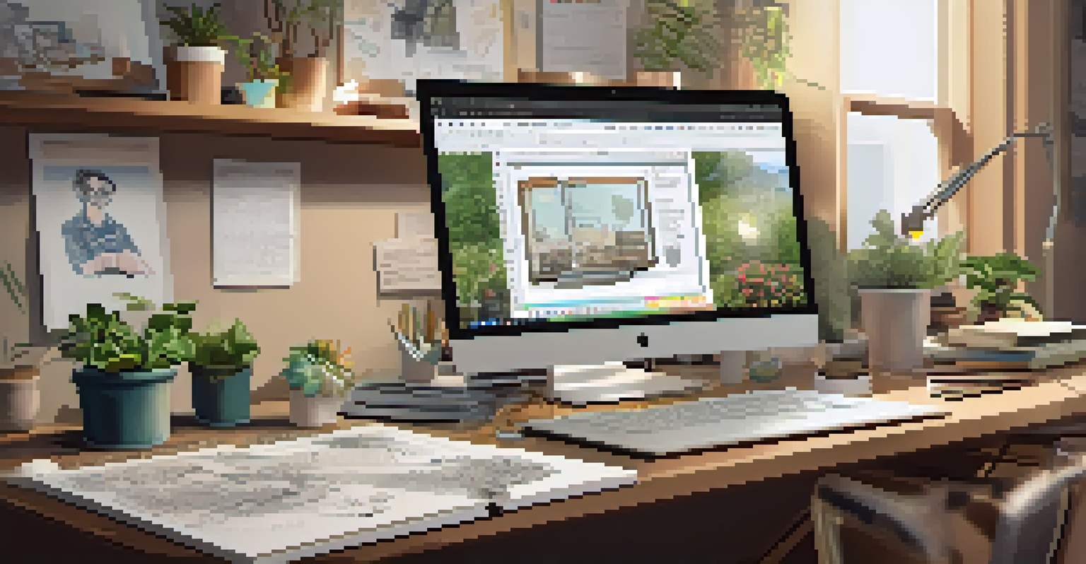 A creative workspace with a laptop showing a crowdfunding page for a dance project, surrounded by sketches and a small plant, illuminated by soft lighting.