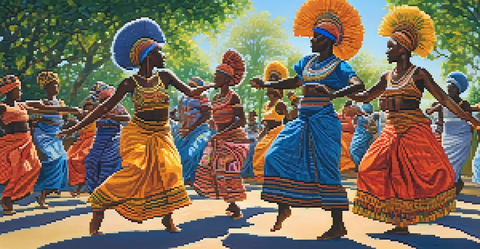 A diverse group of dancers in colorful traditional attire performing African dances outdoors, surrounded by lush greenery and sunlight.