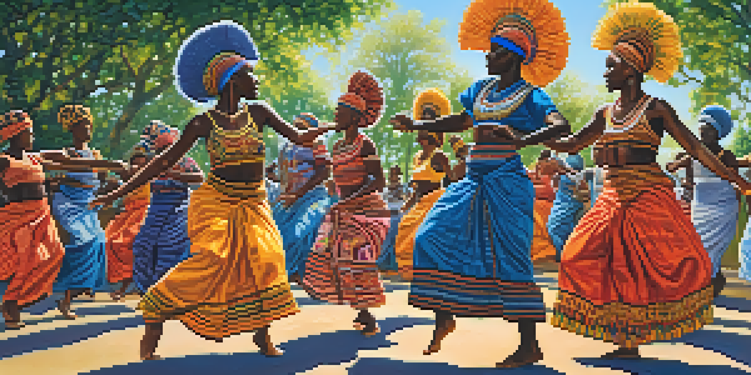 A diverse group of dancers in colorful traditional attire performing African dances outdoors, surrounded by lush greenery and sunlight.