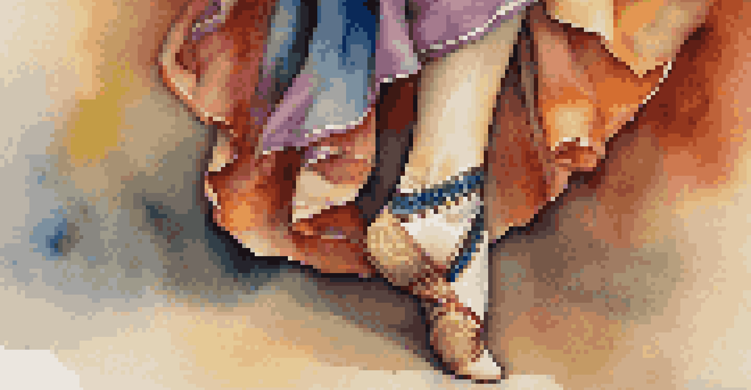 A close-up view of a dancer's feet performing intricate footwork, with a blurred background highlighting the textures of their shoes and costume.