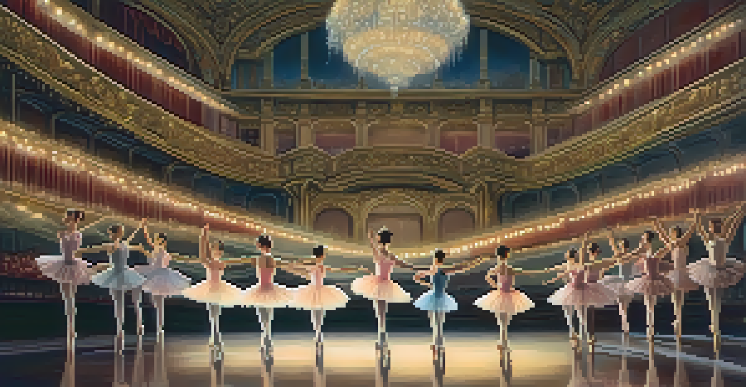A historical ballet performance with dancers in tutus and pointe shoes, elegant theater backdrop, and soft lighting.
