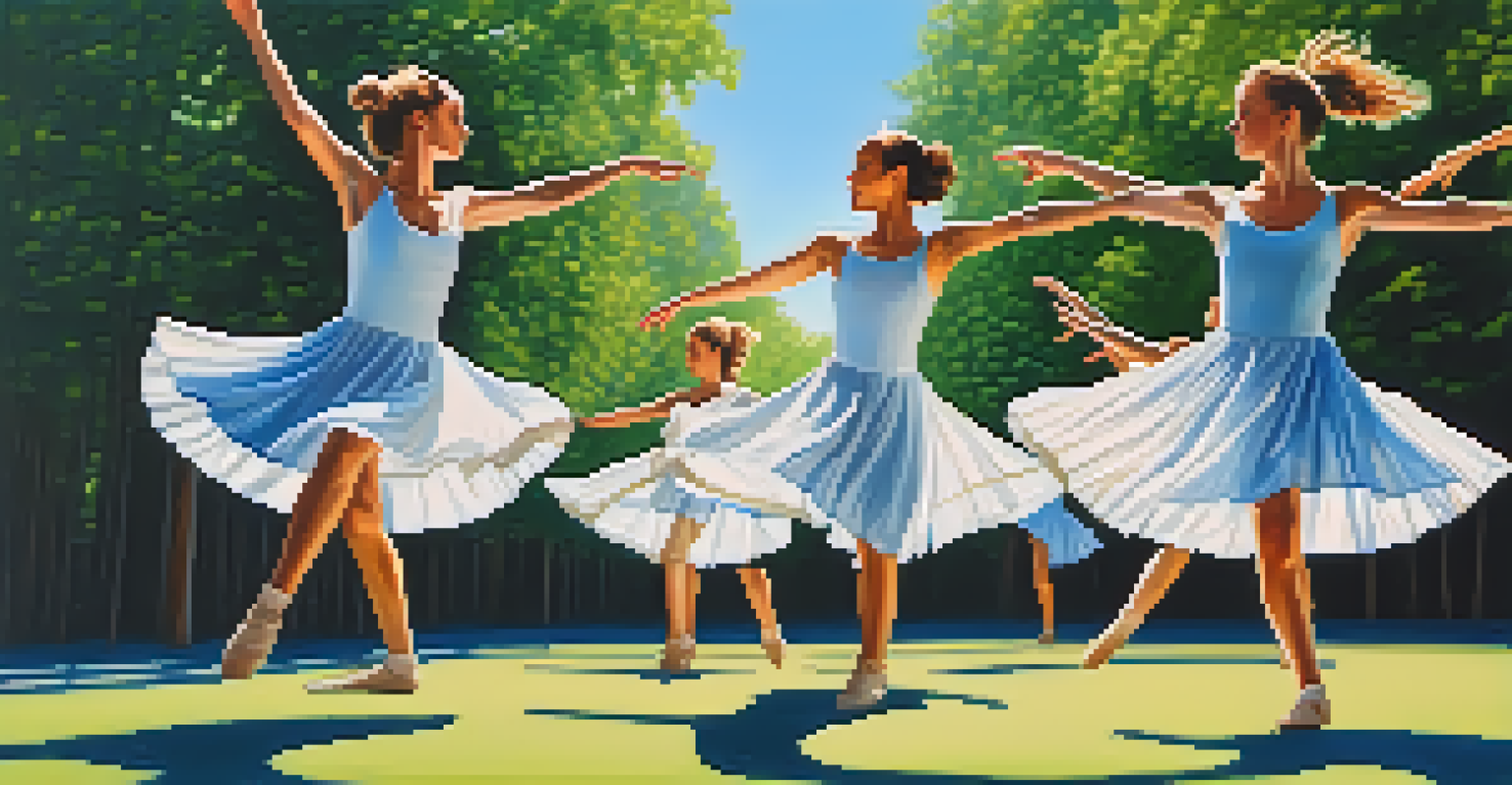 Young dancers performing a contemporary dance outdoors, captured mid-movement with nature in the background.