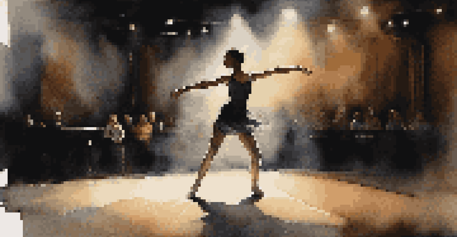 A solo dancer performing a dramatic piece on stage in an intimate theater, illuminated by a spotlight.