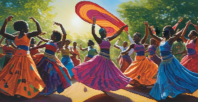 A group of dancers in colorful traditional attire performing African dance in a lush outdoor setting under a clear blue sky.